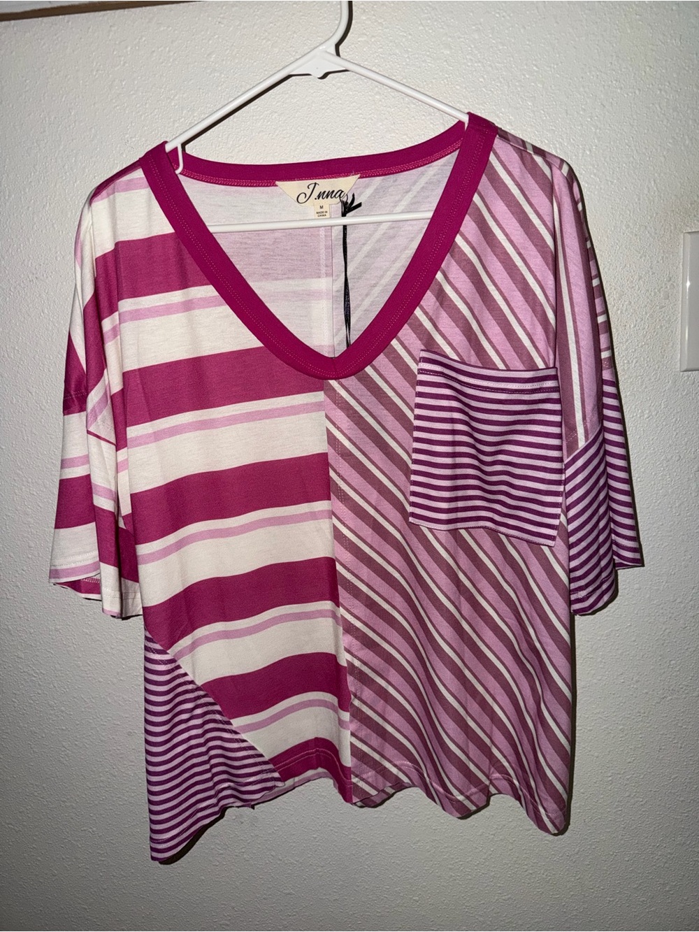 Jnna Striped V-Neck Knit Pocket Tee NWT